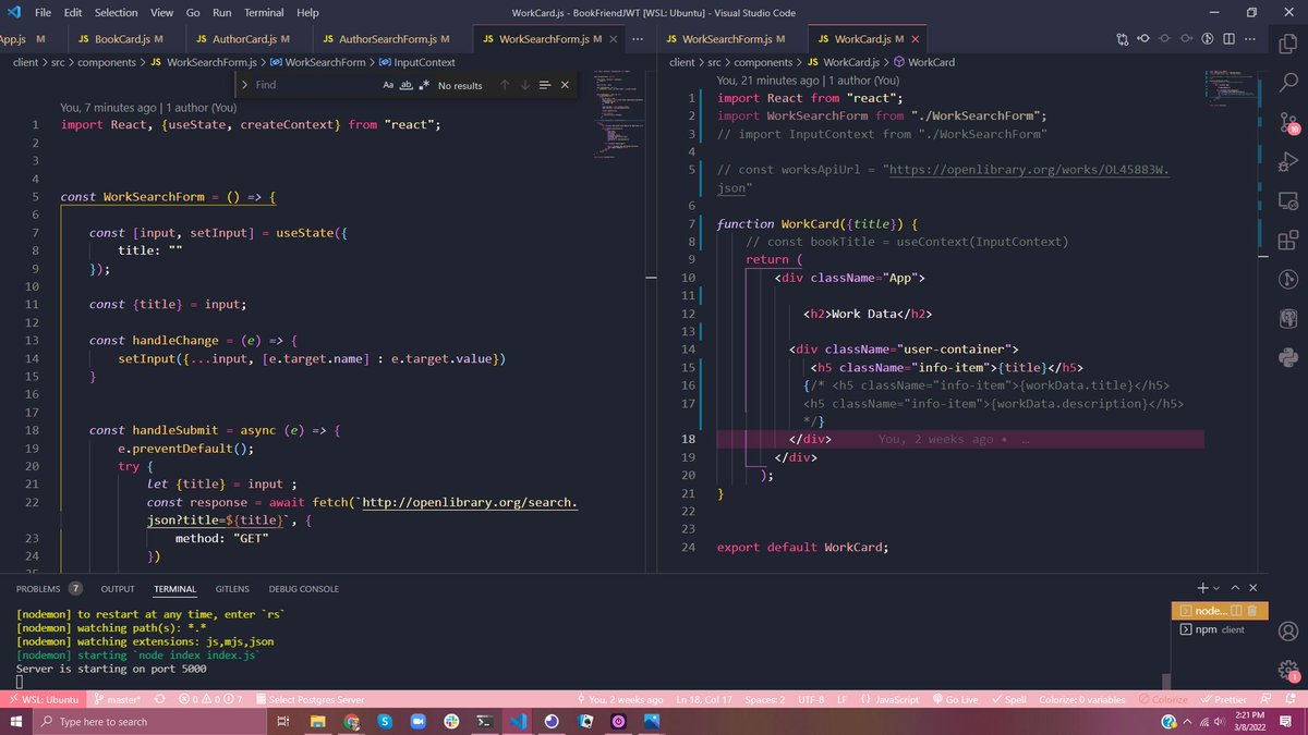 MakeItBreaux's tweet photo. [46/100] After a super weird week, I am back to working on my final capstone. It took me a solid hour to read through my code and remember what I was doing. I have GOT to get better at commenting my code. At least I figured it out: progress!
#Express #ReactJS #nodejs https://t.co/Mj4TffvMvg