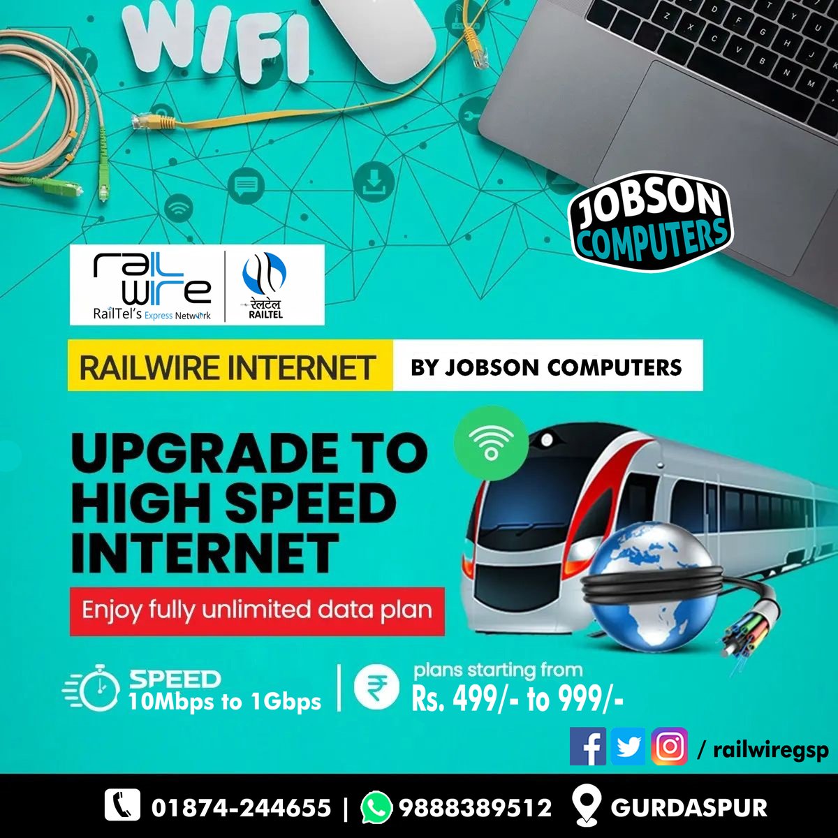 railwiregsp's tweet photo. Speeds up to 1Gbps!
Get #Railwire Wireless &amp; Fiber-Net  #FTTH #FibreToTheHome  services. Plans starting just at ₹499*
Call Now 9888389512 | 01874-244655
#railwirebroadband #broadband #internet #gurdaspur #dinanagar #kahnuwan #wifi  #broadband #internet #wifi #telecom #technology https://t.co/hVeQWabiVg