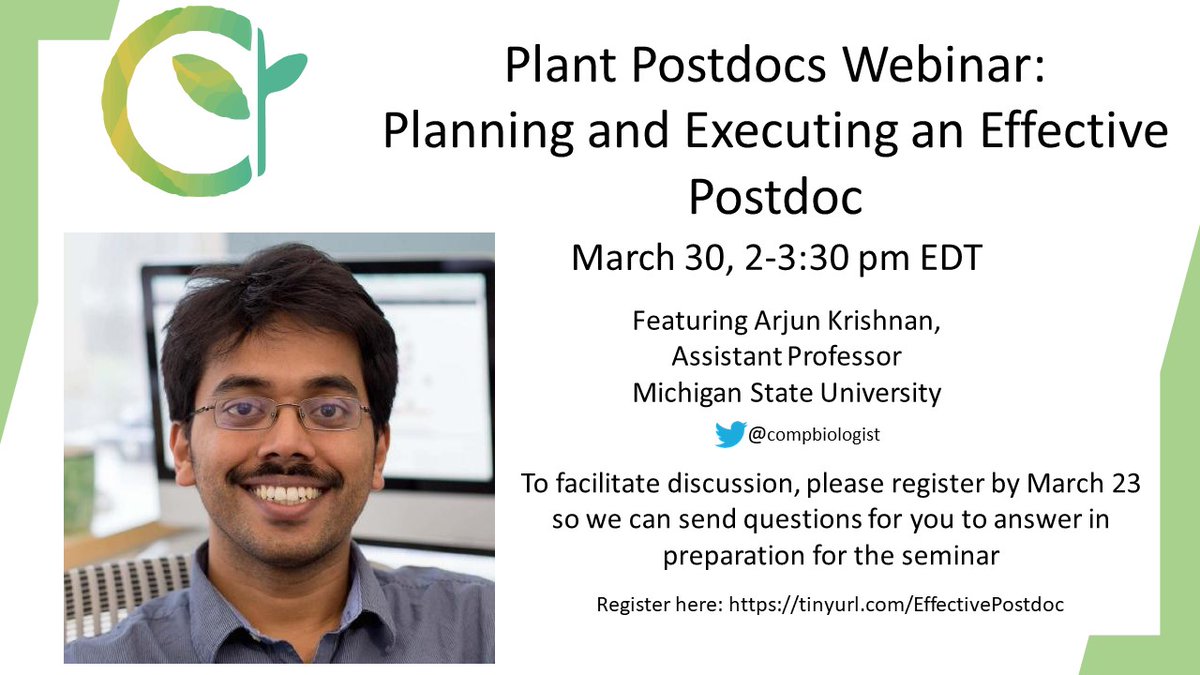 plantpostdocs's tweet image. #PlantPostdocs Webinars are back! Please join us on March 30 from 2-3:30 pm EDT for a webinar by @compbiologist. Register here by March 23 so we can send preparation questions: tinyurl.com/EffectivePostd… #postdoc #ECRchat #CareerWebinar