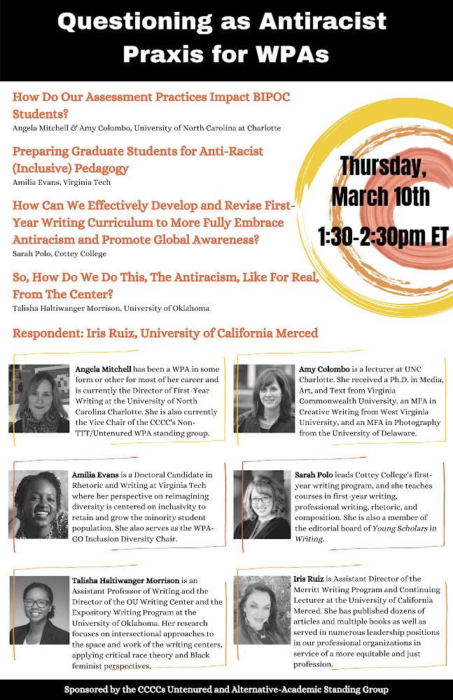 smkastner's tweet image. #4C22 folx, we hope you’ll join @AngelaM51989032, @AmyColombo, @jamaicafive, @SarahEPolo, @drhaltimo, and @ChicanaDra on Thursday from 1:30-2:30 to hear from an innovative group of WPAs doing antiracist work from a range of positionalities and institutional homes #CCCC22
