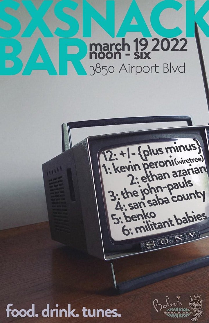 atxconcert's tweet photo. Come to @BobosSnackBar for free food, drinks, and tunes during SXSW!

March 19 (12-6pm) at 3850 Airport Blvd

Performances by:
@pluminu
@kevinperoni
Ethan Azarian
The John-Pauls
San Saba County
Benko
@militantbabies

RSVP @ https://t.co/ThTlzh92wn #sxsw https://t.co/MdBKvkAAuR