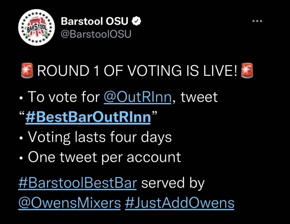 threesabovehigh's tweet photo. Well @BarstoolOSU and @barstoolsports are at it again. This year they thankfully put up @OutRInn for #BarstoolBestBar to represent our campus. It’s more work than you’ll know pandering for votes, so it’s nice to do it from the sidelines for our homies. Go tweet #BestBarOutRInn https://t.co/gf9yUV7am7