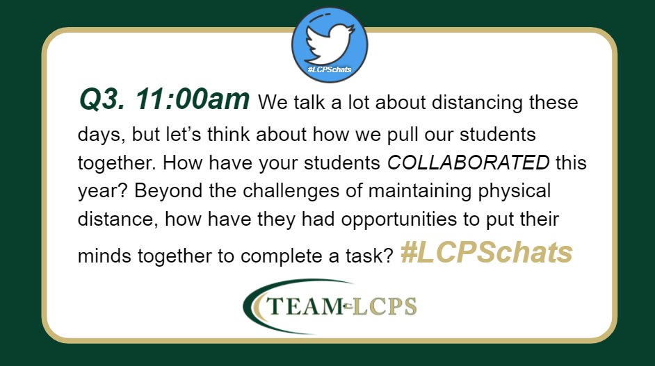 CWeidow's tweet photo. Q3:  How have your students COLLABORATED this year? Beyond the challenges of maintaining physical distance, how have they had opportunities to put their minds together to complete a task? #LCPSchats https://t.co/1mGRJhgLck