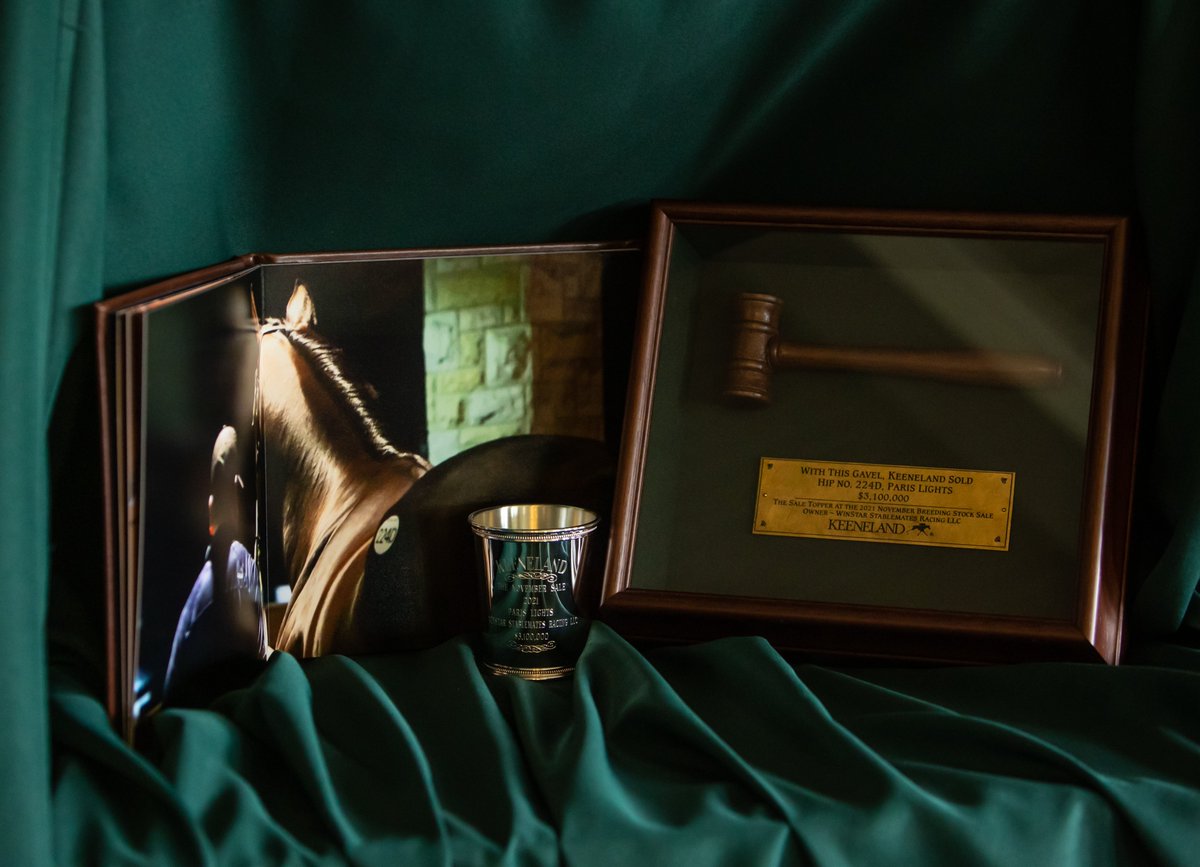 WinStarFarm's tweet photo. Thank you to @keenelandsales, @AntoinDeLeis and @CormacCB for the beautiful gifts commemorating G1 winner Paris Lights topping the 2021 Keeneland November Sale! https://t.co/hpa2WUWnEZ