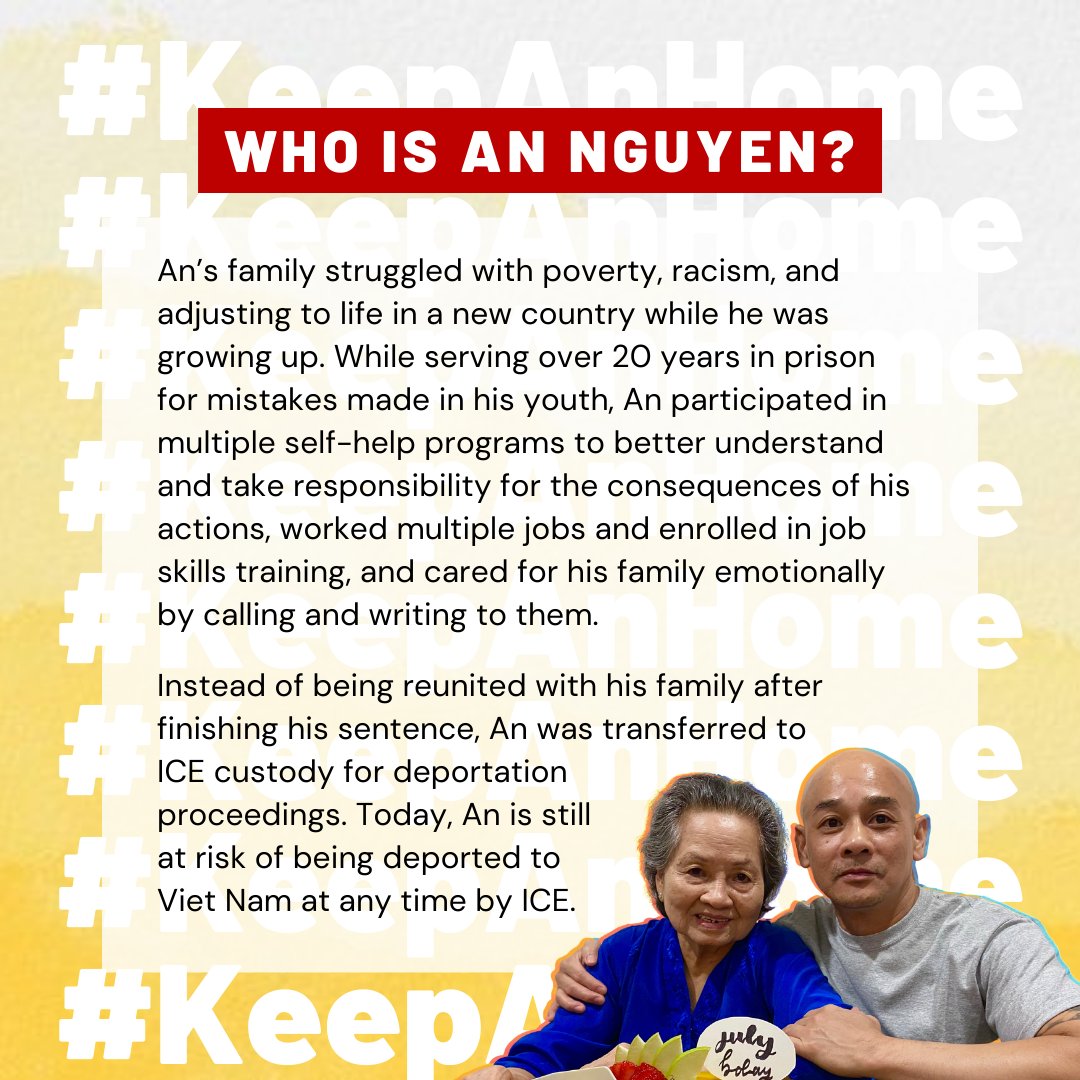 CosmicPkngLot's tweet photo. Re: #KeepAnHome , the folks at VietRISE have a digital tool kit with instructions on writing @GavinNewsom  to #PardonAn and other actions you can take to make sure he stays where he is meant to be, here with his family and community. https://t.co/gpUemF4UrH