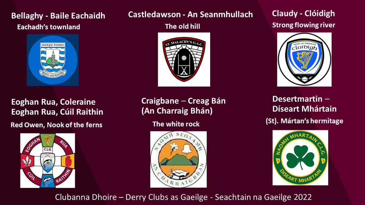 A chairde,
Mar chuid de Sheachtain na Gaeilge beidh muid ag roinnt ainmneacha na gclubanna Dhoire i nGaeilge & a gciall.
A chairde,
As part of Seachtain na Gaeilge we will be putting out the names of the clubs in Derry in Irish & their meanings in English. 2/
#GAAgaeilge #SnaG22