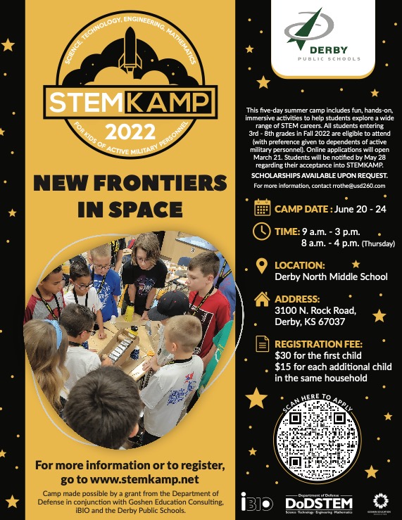 MCASPDerbyKS's tweet photo. Registration for the 2022 STEMKAMP (June 20-24, New Frontiers In Space) in Derby will open March 21.  Registration fees are $30 for the 1st child in a family, $15 for any additional child. For an email reminder of this date, you can visit this site:

https://t.co/CixDf24YIA https://t.co/xlNnnaQaDU