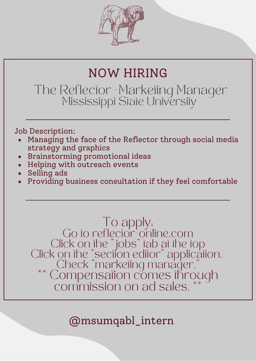 The Reflector on campus is hiring a Marketing Manager! 
Compensation is available. 

Click the link to apply! forms.office.com/Pages/Response…