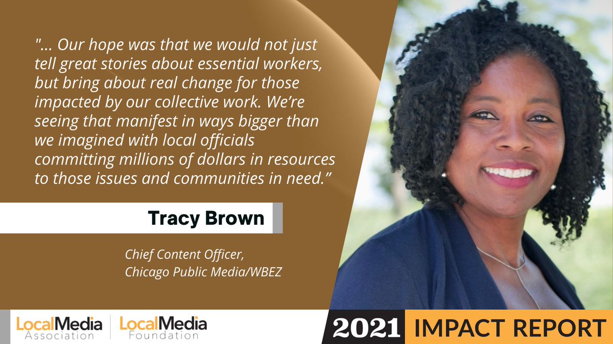LocalMediaAssoc's tweet photo. Did you know? Our 7 collaboratives including @Solving4Chicago — whose reporting focused on essential workers — have raised more than $3.5M while producing impactful and groundbreaking local journalism. Learn more in the 2021 LMA + LMF Impact Report. 
https://t.co/D8R7Rr99QH https://t.co/LI58baEHym