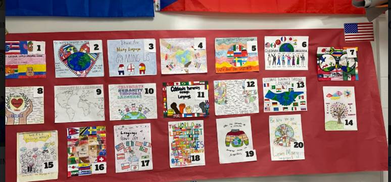 westauroraWL129's tweet photo. We'll be voting for our favorite posters for National World Language Week tomorrow. Who will win? Great work to all! #NationalForeignLanguageWeek #NationalWorldLanguageWeek #biliterateblackhawks https://t.co/t7wJ2e9CCp