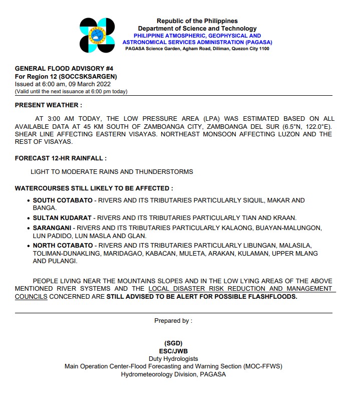 dost_pagasa's tweet photo. General Flood Advisories (GFAs) 
Issued @ 6AM, 09 March 2022
Region 10 (Northern Mindanao) - #GFA6
Region 12 (SOCCKSARGEN) - #GFA4
Region 13 (CARAGA) - #GFA9
BARMM - #GFA4 https://t.co/6NYgeg9ip3