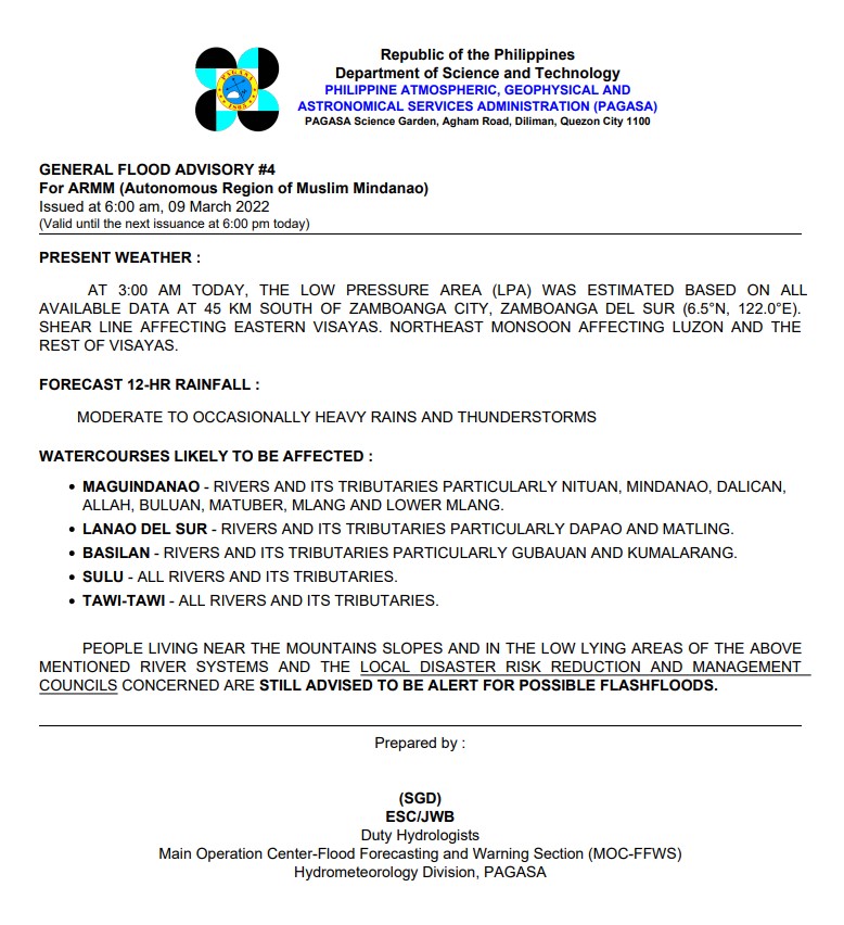 dost_pagasa's tweet photo. General Flood Advisories (GFAs) 
Issued @ 6AM, 09 March 2022
Region 10 (Northern Mindanao) - #GFA6
Region 12 (SOCCKSARGEN) - #GFA4
Region 13 (CARAGA) - #GFA9
BARMM - #GFA4 https://t.co/6NYgeg9ip3