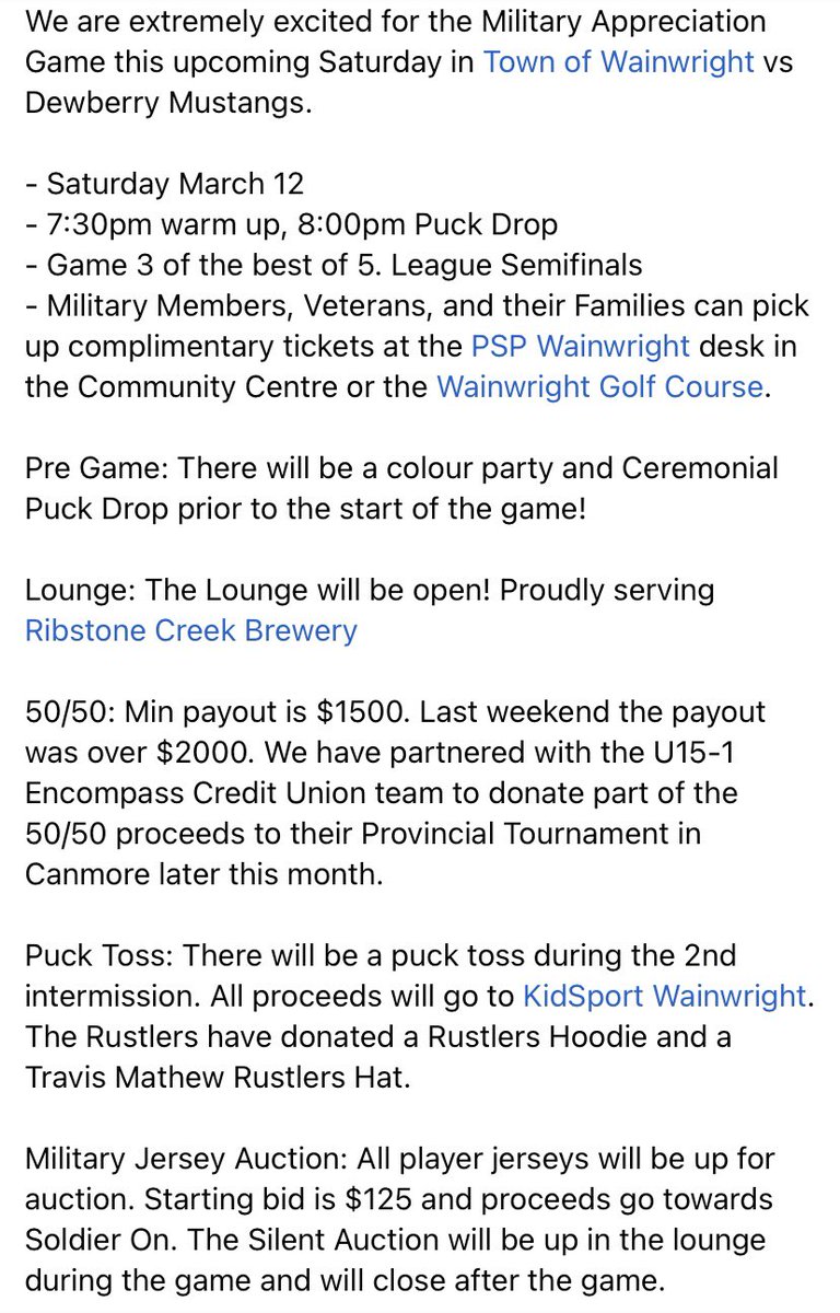 WWRustlers's tweet photo. We are extremely excited for the Military Appreciation Game this upcoming Saturday in @TownWainwright vs @DewberryMustang 

- 8:00pm Puck Drop 
- Military Members, Veterans, and their Families can pick up complimentary tickets at the PSP Wainwright desk in the

#WWRustlers https://t.co/4D55OkmfYX