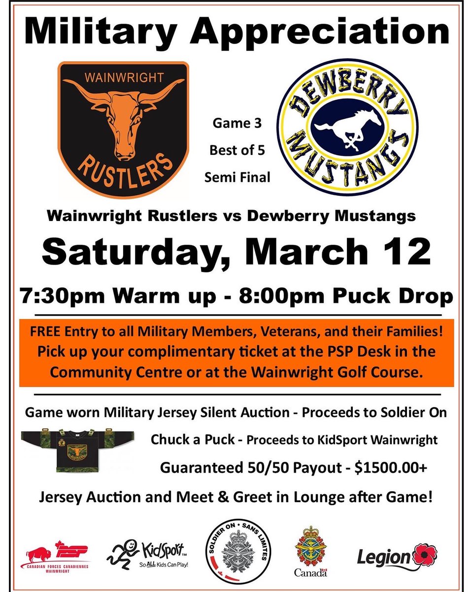 WWRustlers's tweet photo. We are extremely excited for the Military Appreciation Game this upcoming Saturday in @TownWainwright vs @DewberryMustang 

- 8:00pm Puck Drop 
- Military Members, Veterans, and their Families can pick up complimentary tickets at the PSP Wainwright desk in the

#WWRustlers https://t.co/4D55OkmfYX