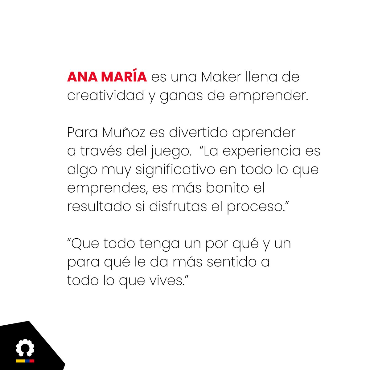 MakersColombia's tweet image. Hoy nuestra MAKER DESTACADA es @_anamunoz_ de @uncuartotech y @makeboxco. Gracias a su pasión por la invención, la creación, el aprender, el hacer y el emprender hoy en día tiene constituida una empresa encaminada en la educación Maker y una marca de juguetes STEAM.