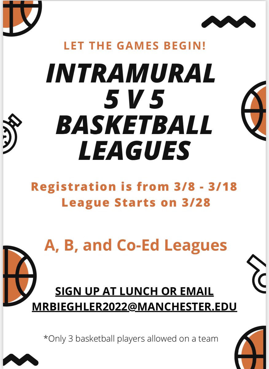 ManUintramurals's tweet image. Everyone’s favorite leagues are coming back! Sign up today until 3/18 by emailing mrbieghler2022@manchester.edu