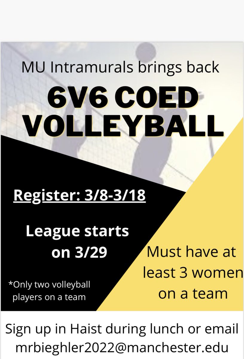 ManUintramurals's tweet image. Everyone’s favorite leagues are coming back! Sign up today until 3/18 by emailing mrbieghler2022@manchester.edu