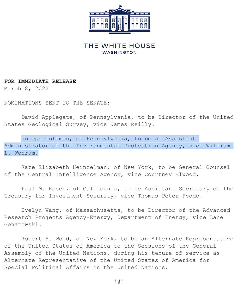 <a href="/EPA/">U.S. EPA</a> @EPAair <a href="/SeanatGreenwire/">Sean Reilly</a> And it's official, as of just now from a White House release -- Biden has sent the nomination of Joe Goffman for head of @EPAair to the Senate
