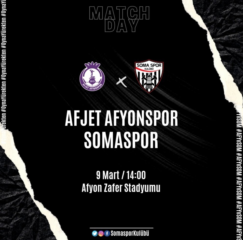 #MaçGünü
🆚 Afjet Afyonspor / Somaspor'umuz
📆 9 Mart 2022 / Çarşamba | 14:00
🏟 Afyon Zafer Stadyumu
#OynaYÜREKTEN #Somaspor #Siyahİnciler #AFYvSOM #GünlerdenSOMASPOR