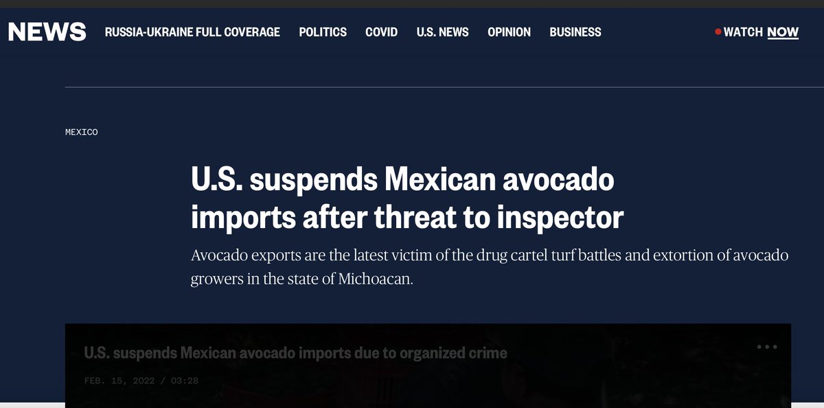 That's why cartels choose avocado. It's resource extraction providing tradable goods for export. Perfect forage base for a mafia. They get them through violence&threats. So they must project violent, unpredictable image. Thus US have to sanction cartels and ban avocado imports