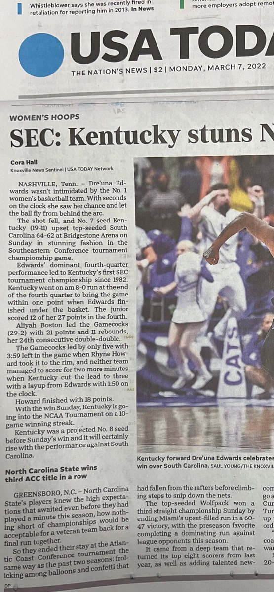 keithhall's tweet photo. Proud dad moment, @corahalll’s story from the women’s SEC basketball conference championship game got picked up by USA Today, 3/7/2022. https://t.co/Y3MoF1Q1iJ