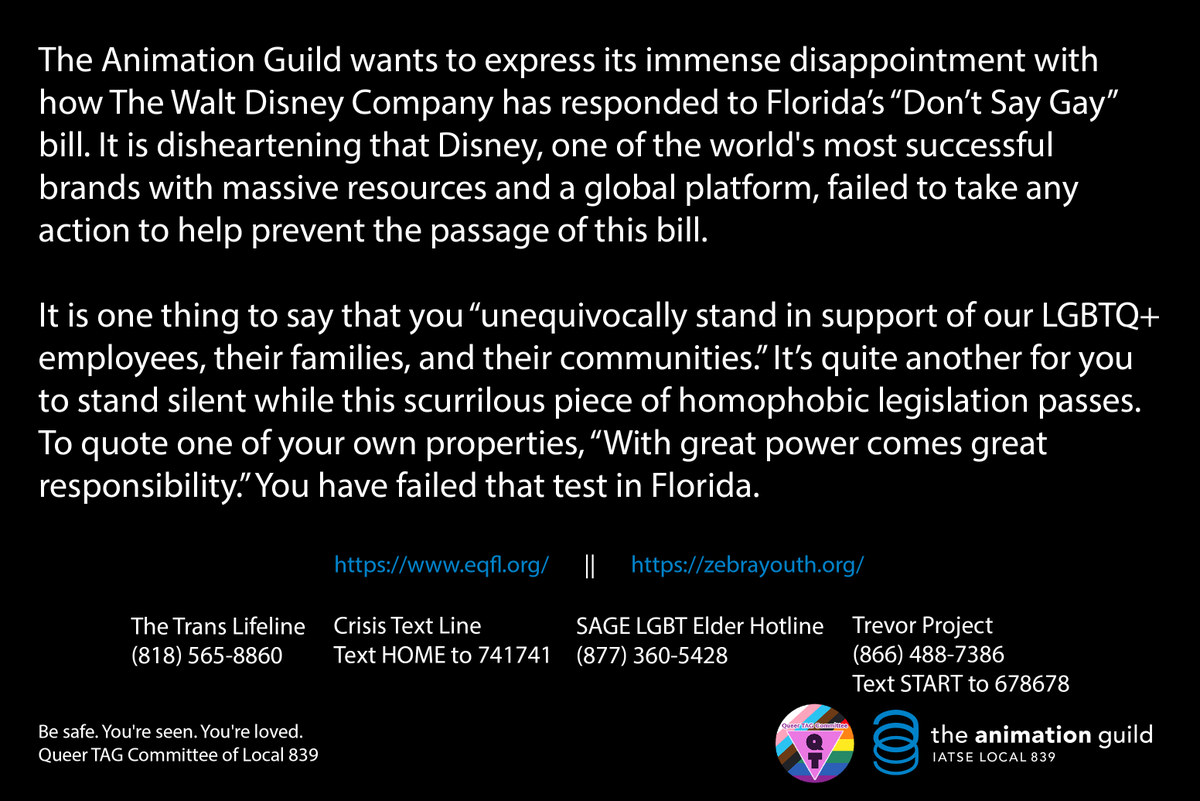 animationguild's tweet photo. The Animation Guild and the QueerTAG committee express immense disappointment with how The Walt Disney Company has responded to Florida’s #DontSayGay bill. Read the entire statement at https://t.co/RVl5IBvSCA
@QTag839 @Iatse #DoBetterDisney https://t.co/DMFn2NMUco