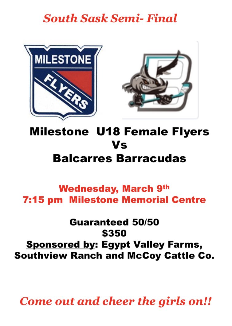 Come out and cheer on the U18 girls in Game 1 of the South Sask Semi-Final tomorrow night.