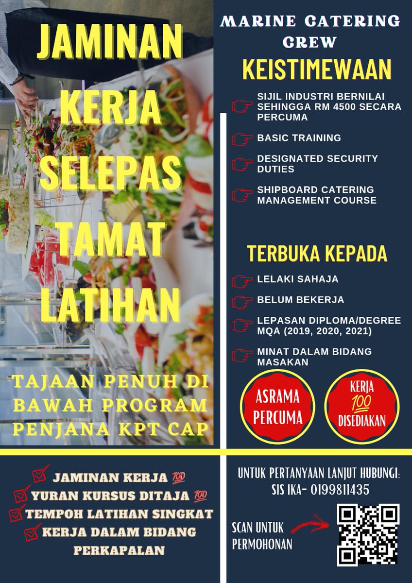 ranacoedu's tweet photo. Tawaran kursus jaminan kerja 💯 sebagai tukang masak/ pembantu tukang masak di atas kapal.

Yuran kursus ditaja sepenuhnya dibawah program PENJANA KPT Cap‼️Kemasukan April 2022

Contact no dibawah untuk keterangan lanjut

#perkapalan
#jaminkerja https://t.co/GmuIVIe1R3