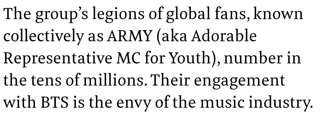 LoveGlowberry's tweet image. — Las legiones de fanáticos globales del grupo, conocidos colectivamente como ARMY (también conocido como Adorable Representante MC for Youth), se cuentan por decenas de millones.

Su compromiso con BTS es la envidia de la industria musical.

- Fast Company | @BTS_twt