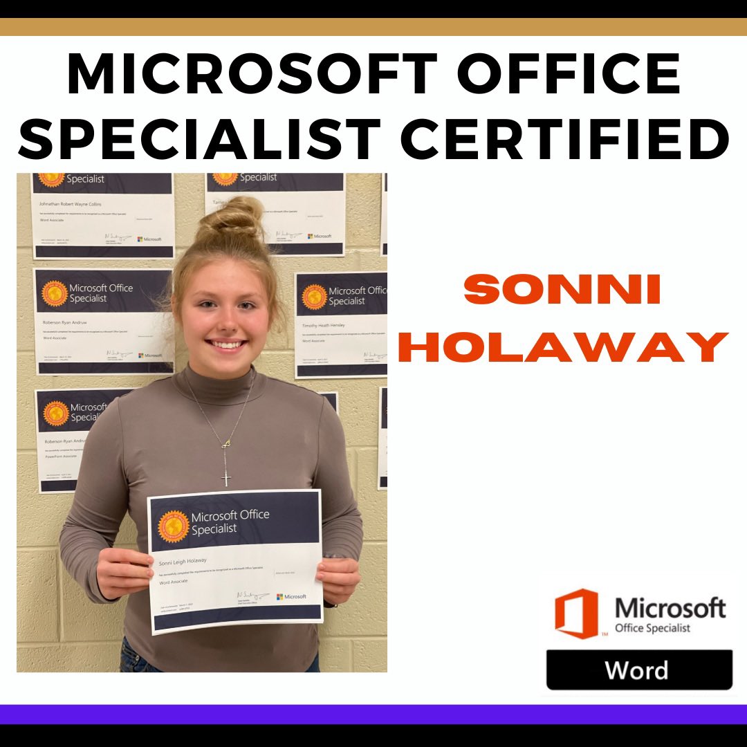 claycountydawgs's tweet photo. Senior Sonni Holaway and junior Bridget Cherry became Microsoft Office Specialist Certified this week. They are enrolled in Mrs. Dodsonโs Advanced Computer Applications class. Congratulations! #cteworks #testout #businesseducation #moscertification #collegeandcareerready https://t.co/4NHjo96pSI