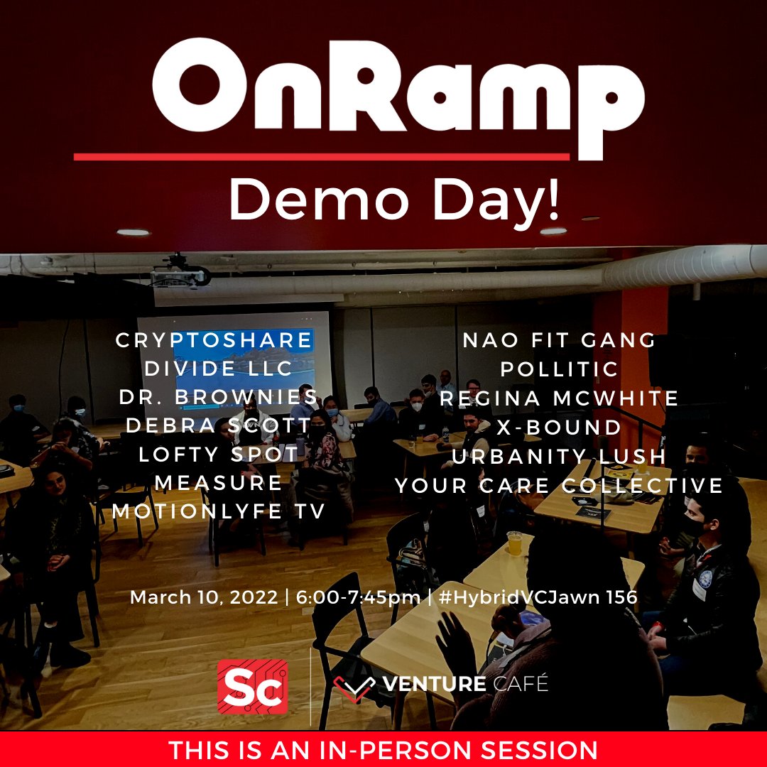 vencafePHL's tweet photo. Now that we have successfully run 4 cohorts over the course of a year, we are celebrating our OnRamp community with a special Demo Day featuring participants from the program!
#freeevent #hybridevent #hybridvcjawn #thursdaygathering #hustle https://t.co/hwkWyOMoUw