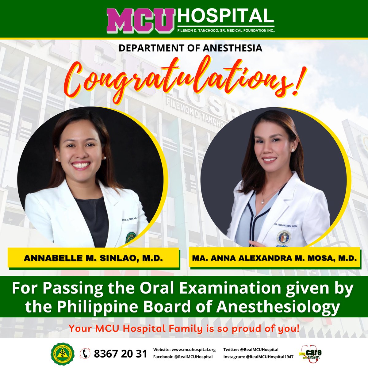 RealMCUHospital's tweet photo. Department of Anesthesia' pride!

Congratulations!!    

Annabelle M. Sinlao, M.D. and Ma. Anna Alexandra M. Mosa, M.D., for passing the oral examination given by the Philippine Board of Anesthesiology

Your MCU Hospital Family is so proud of you both! https://t.co/jwrZl4wrZO
