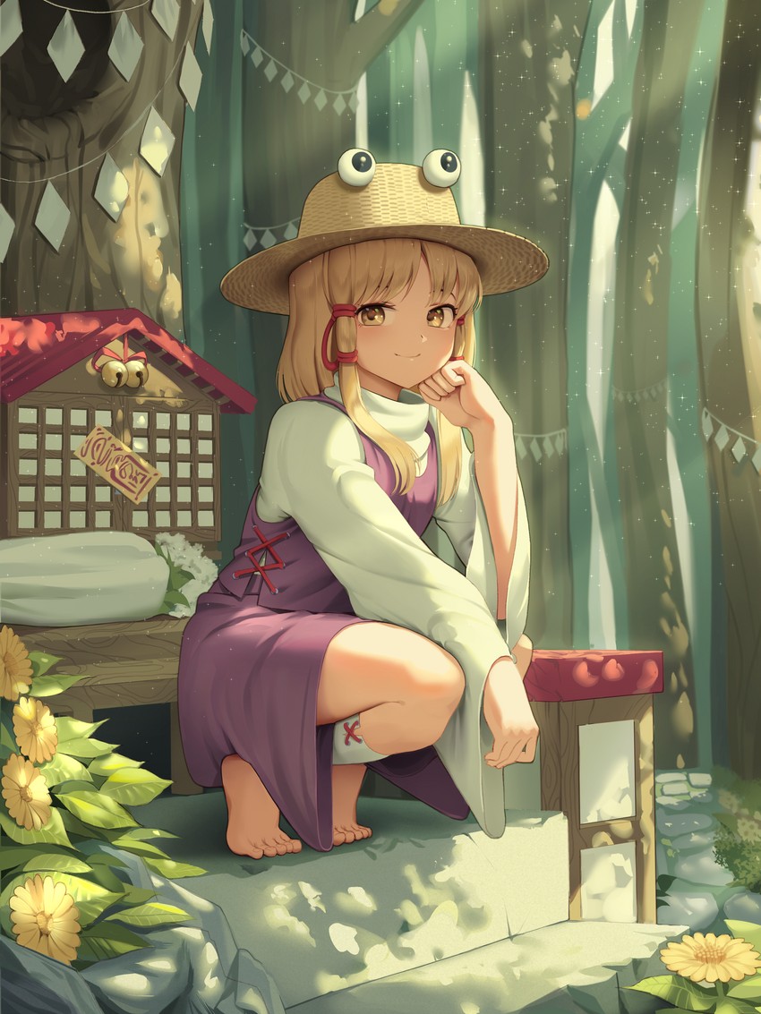 [The mountain god once more is found sitting and waiting outside her shrine]