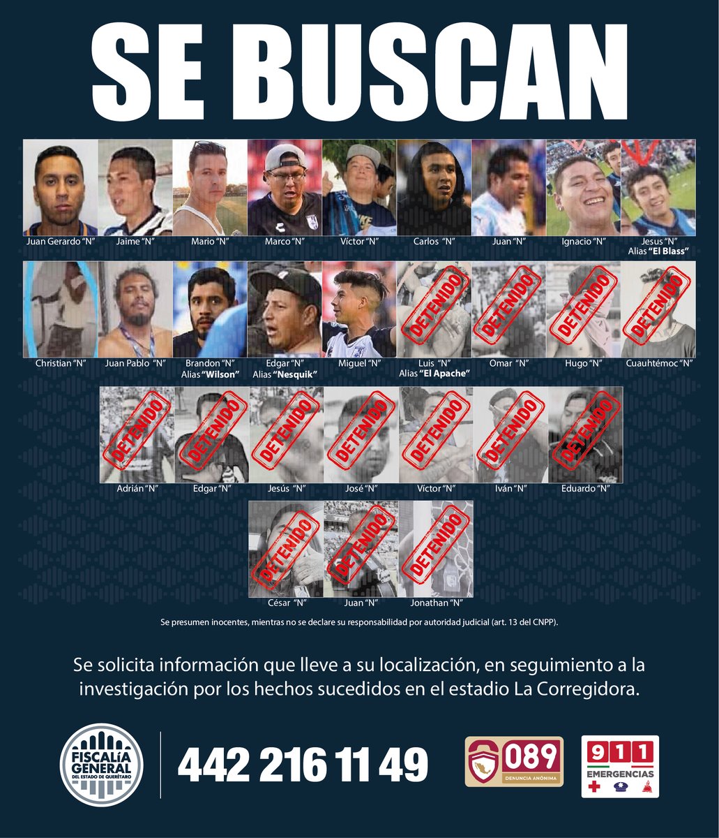 Se solicita a la ciudadanía su colaboración, para que de contar con información que abone a la detención de estos 14 sujetos, se comunique y proporcione la información de manera anónima al número 442 238 7622 o los que aparecen en la imagen. 

Ver más: bit.ly/3vPDWyF