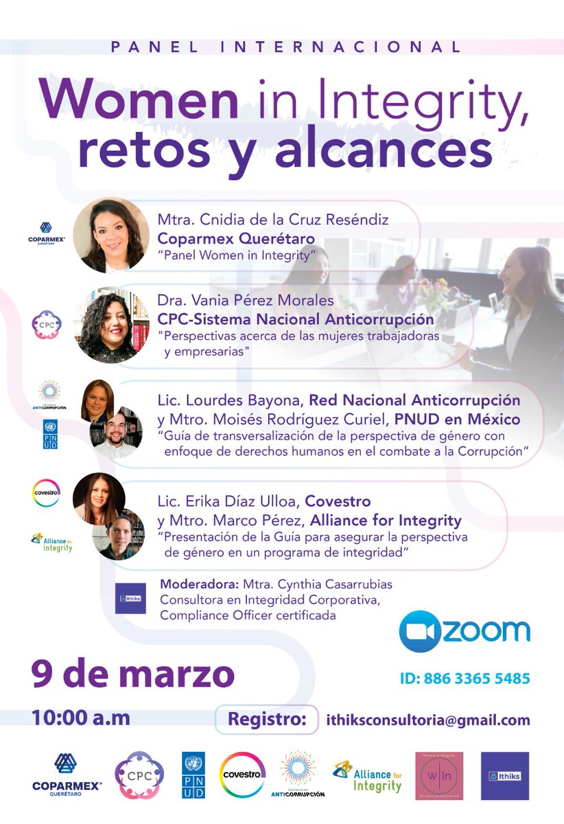 Mañana @vaniadelbien estará participando en representación del <a href="/ComiteCPC/">CPC</a> en el Panel internacional "Women in Integrity, retos y alcances".

📌 Acompáñennos en este gran espacio junto a <a href="/coparmexqro1/">Coparmex Querétaro</a>, <a href="/PNUD_Mexico/">PNUD México</a>, <a href="/covestro/">Covestro</a> y <a href="/afin_giz/">AllianceforIntegrity</a>. ¡Nos vemos 10:00 am!