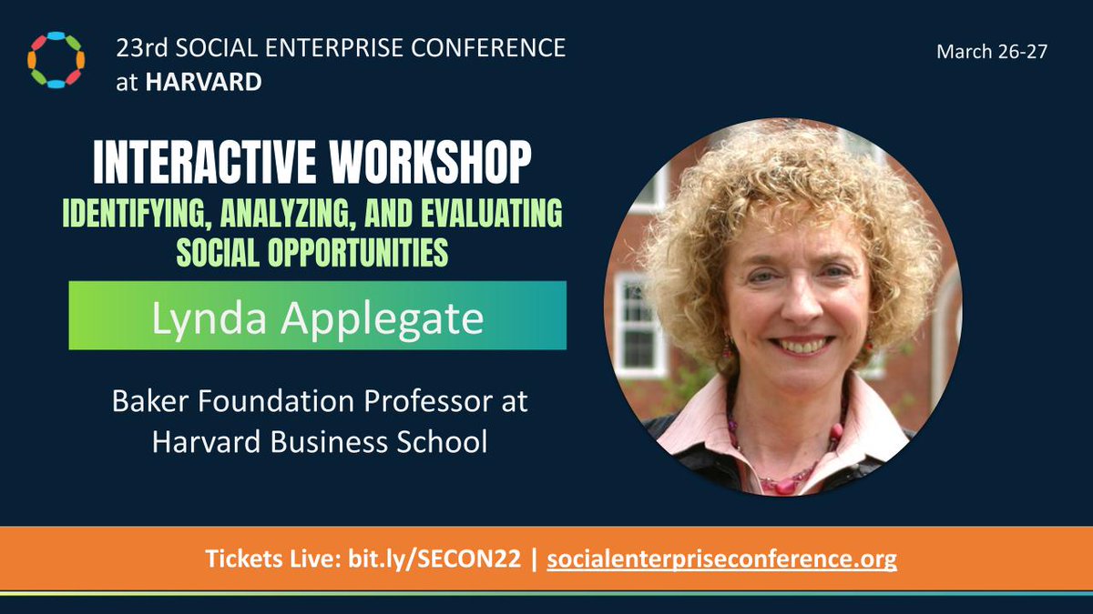 secon_harvard's tweet photo. Professor Lynda Applegate will be running an interactive workshop on how to identify, analyze, and evaluate social opportunities at this year’s SECON. Join us and get your tickets today! https://t.co/RdnmFwSJbo

Check out our website for more details: https://t.co/fIAL94w7NA https://t.co/PGZOuMGYDB