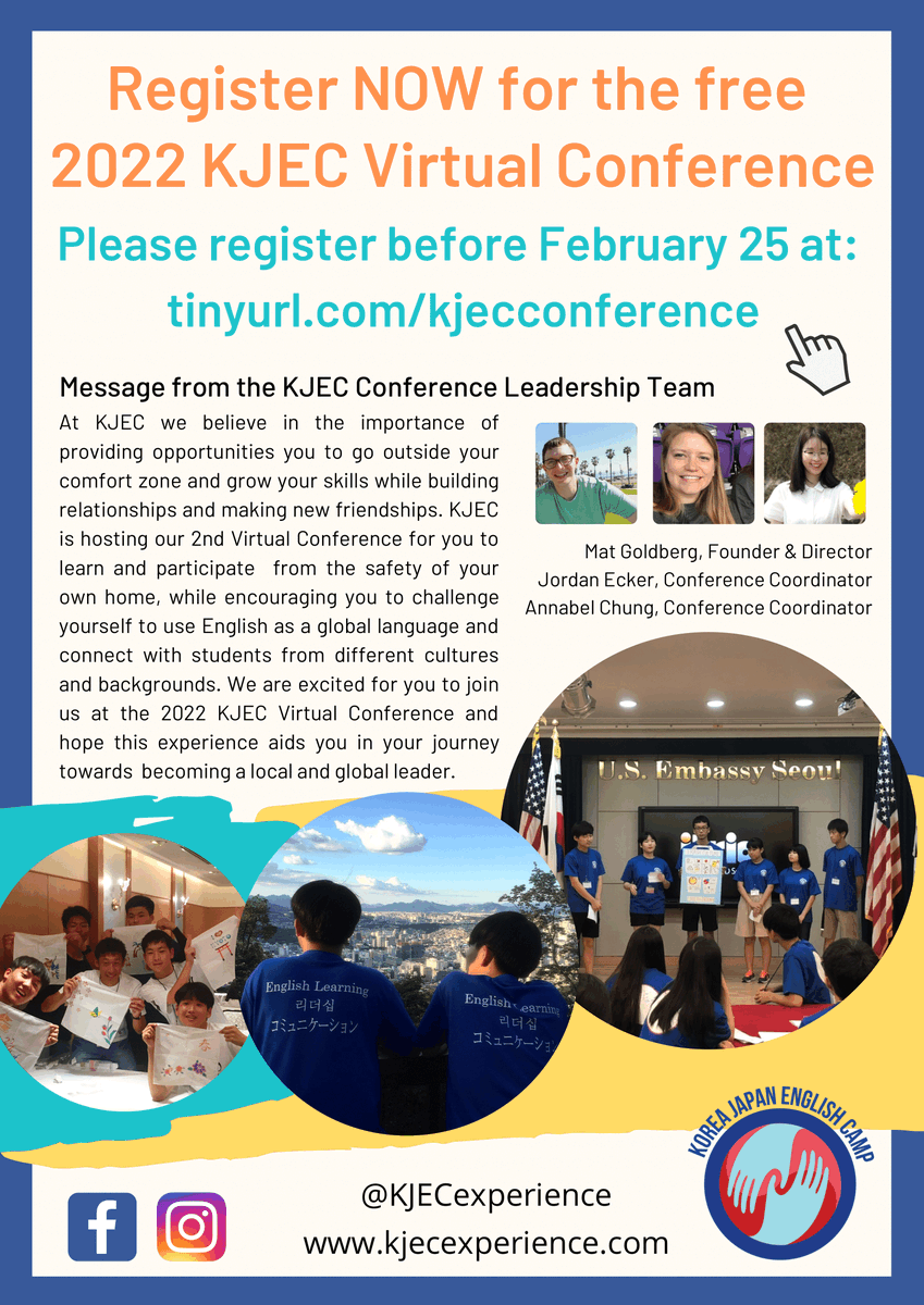 NationalAJET's tweet photo. Participate in a FREE virtual conference focused on English language practice, leadership development, and cross-cultural understanding! Students can practice their English, cultural exchange, learn how to study abroad in the U.S., take exciting classes, and make friends. https://t.co/cIFQ9b9Jmh