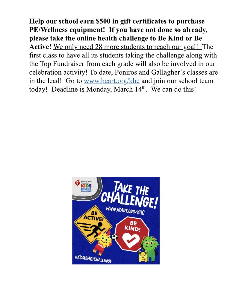 MrRussoniello's tweet photo. We have extended our deadline for The Kids Heart Challenge. We only need 28 more students to sign up to reach our goal by March 14th. Follow the link below to sign up https://t.co/SNj4Zc93h2