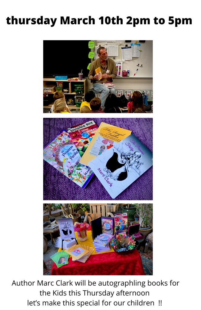 AuthorMarcClark's tweet photo. Come see me in Redondo Beach Thursdays in March and get a free bookmark. It’s a lovely store. My fave. ⁦@PrincessFables⁩ https://t.co/Iz5SF9hN83