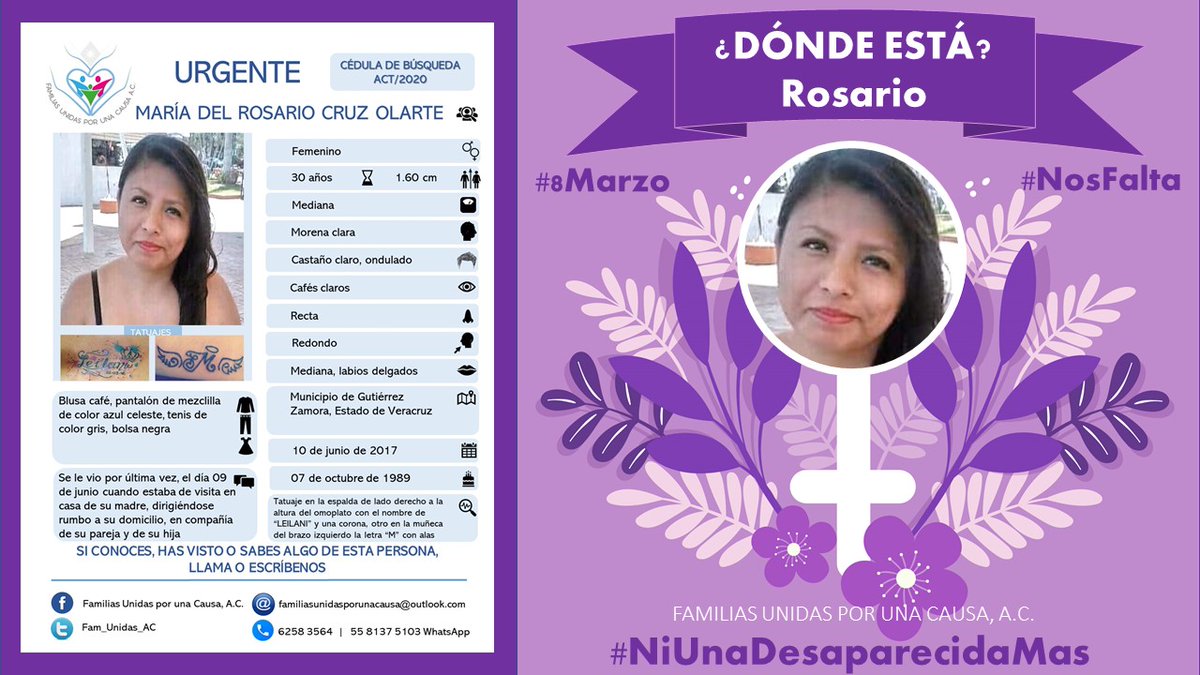 #8M #8M2022 #8Marzo2022 #Hastaencontrarlas #NiUnaDesaparecidaMas #SiNosFaltaUna #NosFaltaTodas  #TeBuscamos #MaríaDelRosarioCruzOlarte <a href="/OlarteLeonor/">Leonor Olarte</a> <a href="/AnitaOlarte2/">Anita Olarte</a> <a href="/Gabriel59092839/">Gabriela Diaz</a> <a href="/SeleneA50115504/">Selene Alvarez</a> <a href="/CeliaAcuaMoren1/">Celia Acuña Moreno</a> <a href="/susyparedesf/">Susana Flores</a> <a href="/RosaQue62542006/">Rosa Quezada</a> <a href="/FelipaRamrez1/">Felipa Ramirez</a> <a href="/botDesaparecidx/">BotDesaparecidx</a>