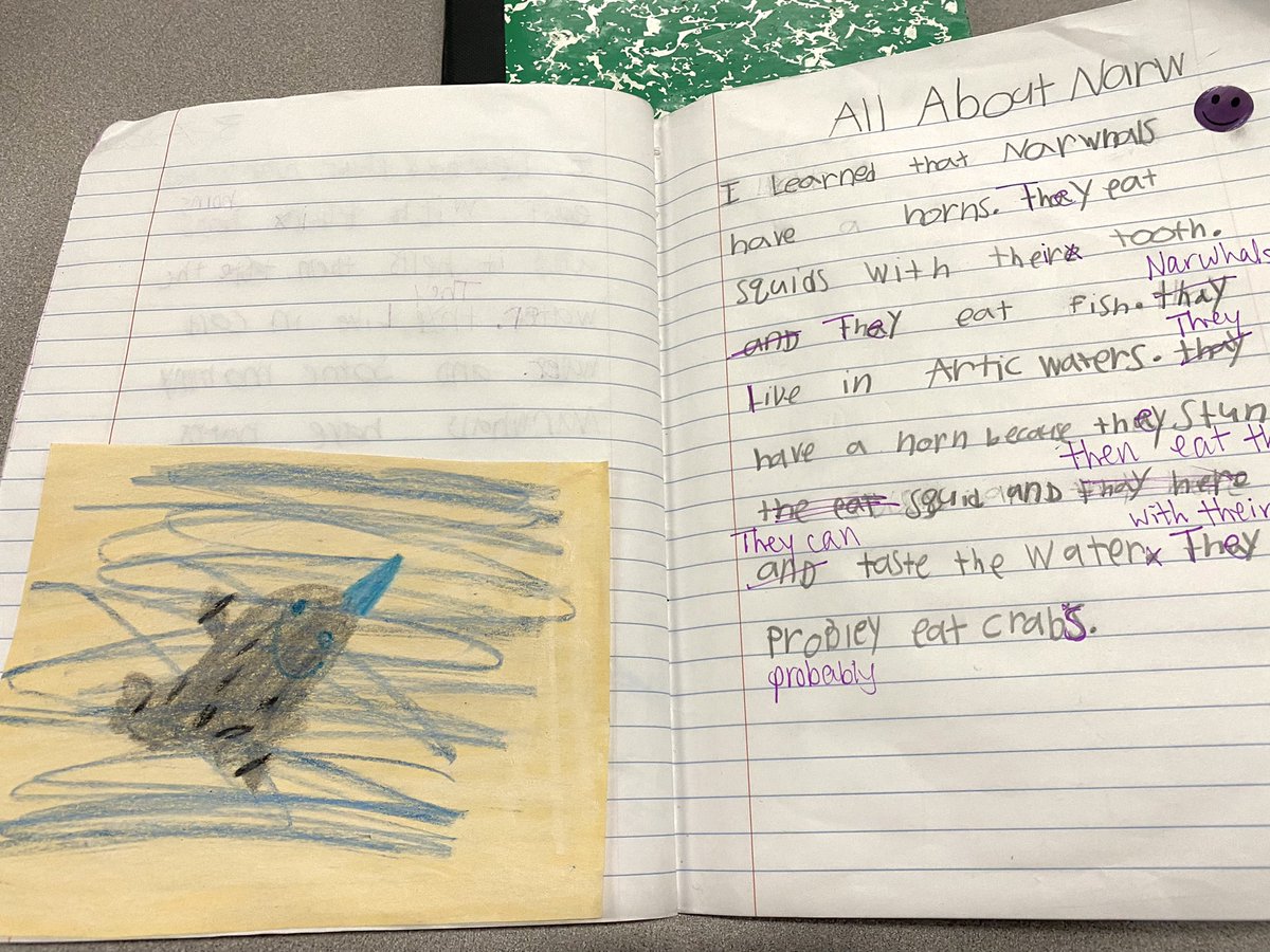 EvaPCFISD's tweet photo. Today, we learned all about NARWHALS! #Nonfiction #FirstGrade #ELA BW, ZR, and VV enjoyed writing about the interesting facts they learned! @HancockCFISD #HappeningAtHancock #CFISDSprit #CFISDHancock https://t.co/yno32RrtZk