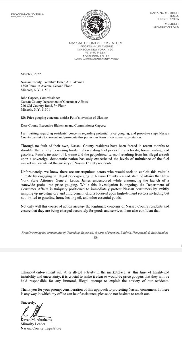 Kevan_Abrahams's tweet photo. Today I wrote a letter to the County Executive to ensure consumer rights are protected at the gas pumps. https://t.co/bSyLia5DRt