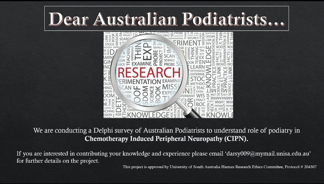 DarsRani's tweet photo. As part of my PhD, I am investigating how we identify, interact with and manage chemotherapy-induced peripheral neuropathy. We are looking for public and private pods who are willing and able to be involved in a three-round anonymous survey
@unisaresearch @HelenBanwell @UniSACRI https://t.co/upe3j9EEbQ