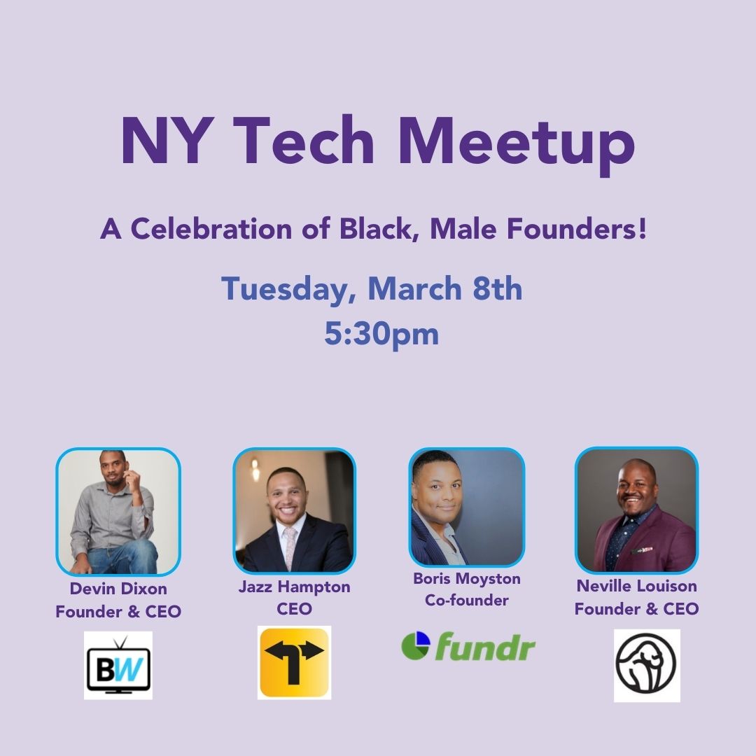 NYTechAlliance's tweet photo. Starting soon! Join us for our NY Tech Meetup. We will be featuring four black, male founders and watching incredible demoes.
#nytechmeetup #tech #founders #nyc
When: Tuesday, March 8th at 5:30pm ET
RSVP:  https://t.co/Yn1QUq1xFo https://t.co/xk2h8BnLjU