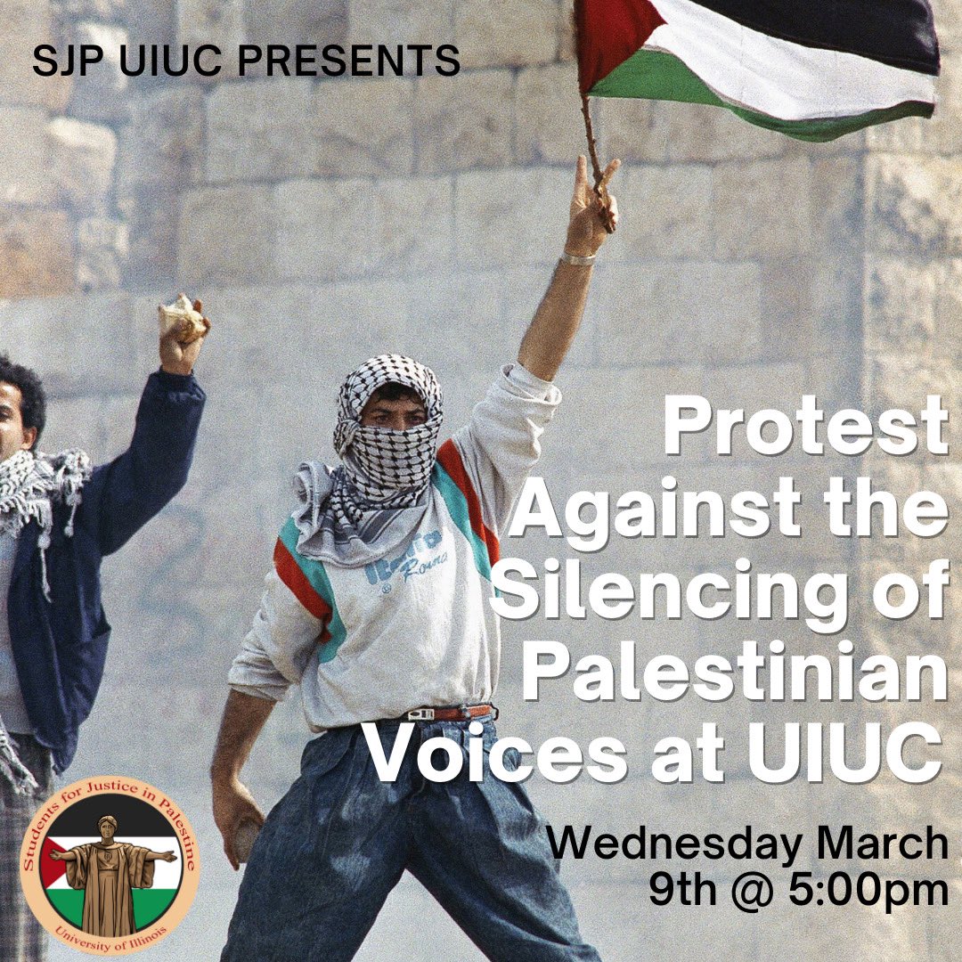 SJPUIUC's tweet photo. Join us Wednesday, March 9th at 5:00 pm as we protest the systemic corruption within ISG and UIUC admin which has historically harmed and marginalized minority students. 

For the protest we will be meeting at Foellinger Auditorium, walking to the union, Swanlund, then to Alma 🇵🇸 https://t.co/ePtAGBPGLq