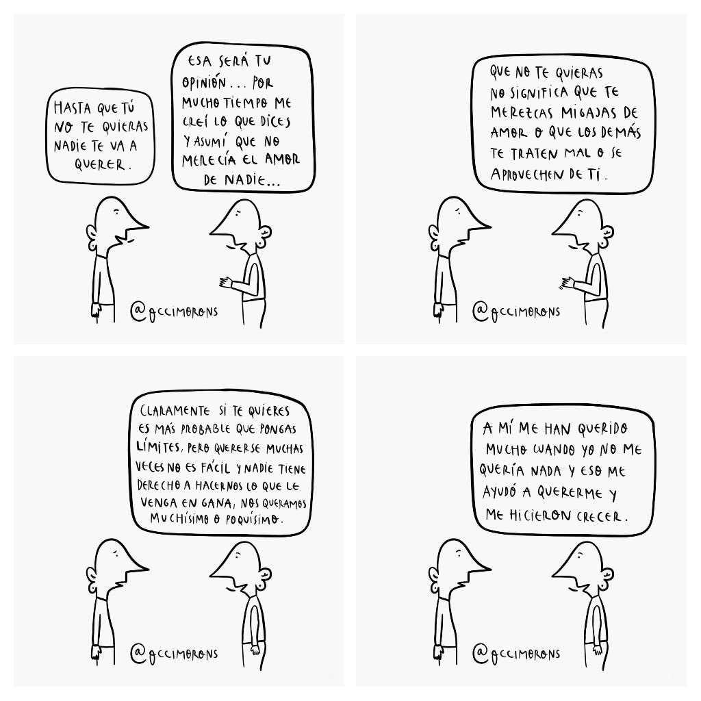 “Hasta que no te quieras tú nadie te va a querer” y así es como de golpe culpabilizamos a la persona por no quererse lo suficiente, como si quererse fuese tan fácil como darle a un botón interior y ya. Un mandato que hace mucho daño. Aquí, una pequeña historieta sobre esto ⬇️