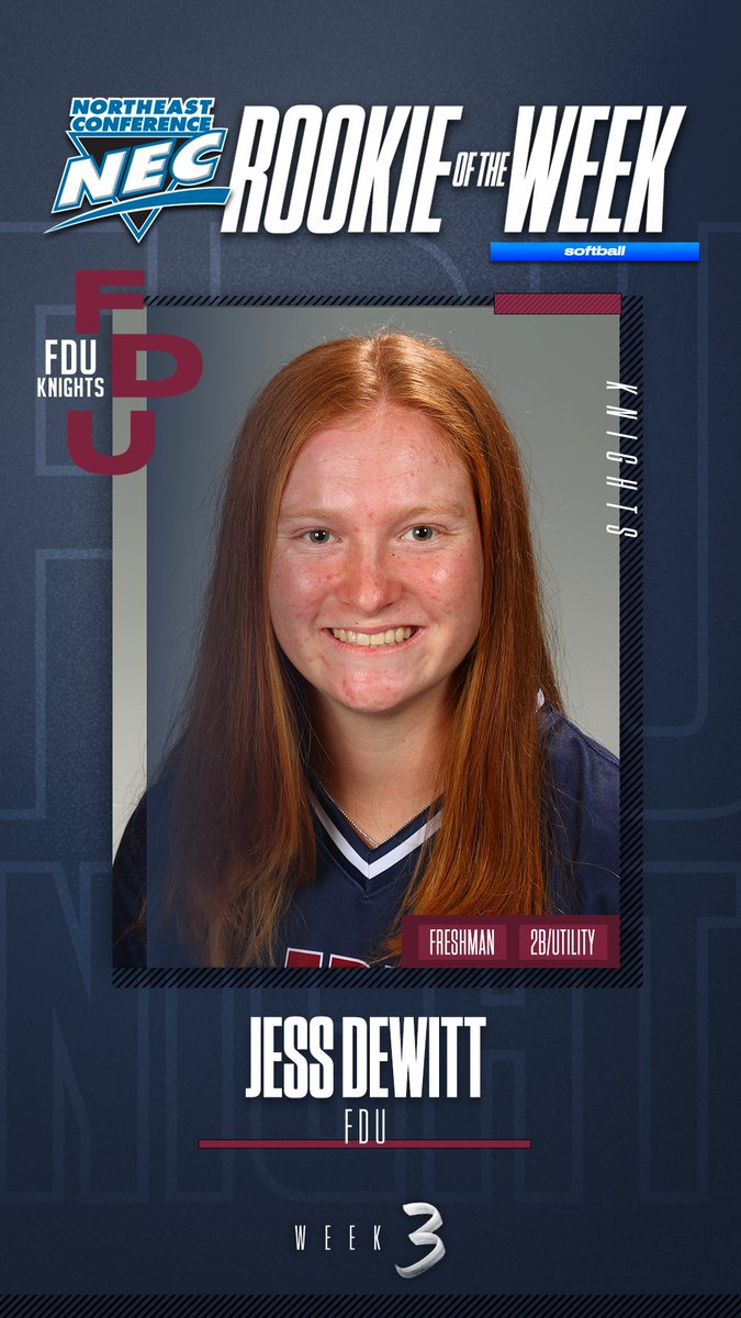 🏅#NECsoftball Rookie of the Week 🏅

👉Jess DeWitt, <a href="/FDUKnights/">FDU Knights</a> 

🗒️DeWitt batted .500 w/a .526 OB% and a.688 SLG% on the week for FDU. She went yard twice and doubled ✌️ times to finish with 4 runs and 4 RBI. This is her 2nd NEC Rookie of the Week honor.