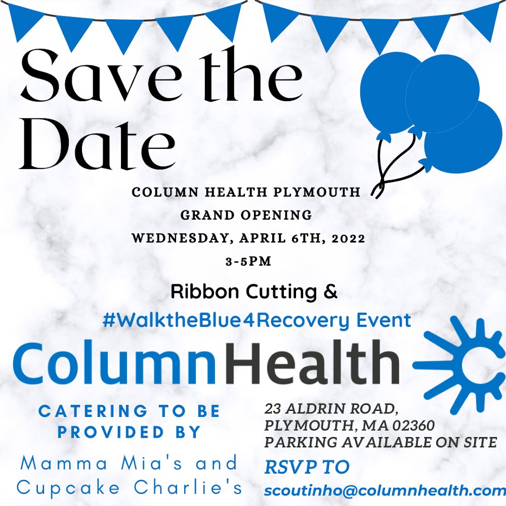 ColumnHealth's tweet photo. Please join us on April 6th from 3-5 to kick off the grand opening of our new clinic in Plymouth, MA.

#addictiontreatmentthatdoesntsuck 
#stigmastopshere #walktheblue4recovery https://t.co/Not79E3KaH