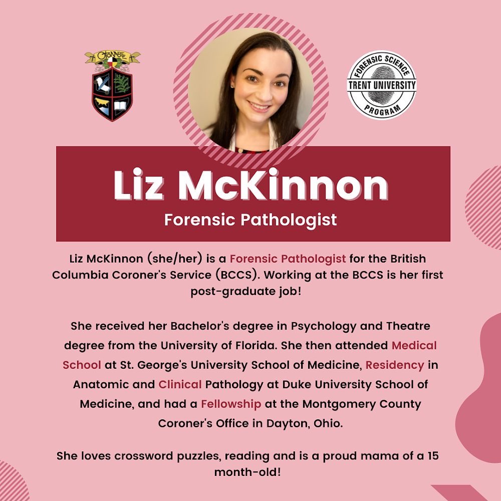 trentfss's tweet photo. Hey FSS! We are excited to announce our guests coming to Professionals Night on Monday the 14th ! First on our list is Liz McKinnon a Forensic Pathologist. Go to our bio to register for the webinar and get the chance to ask her about the field of forensic pathology https://t.co/7izXLxmx8q