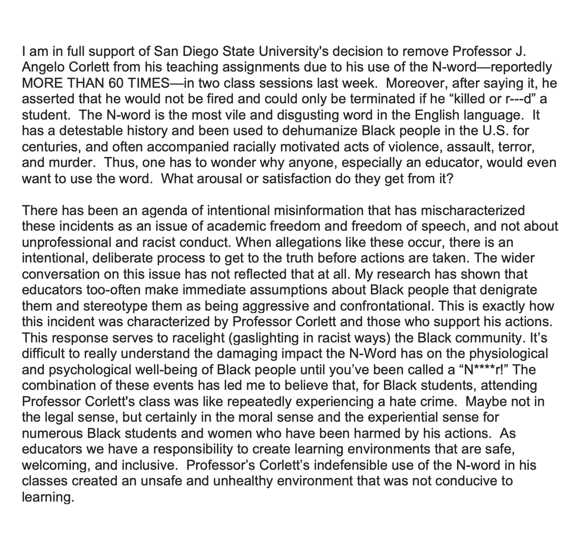 A professor at SDSU takes delight in using a racial slur in class. Here's my statement on it.